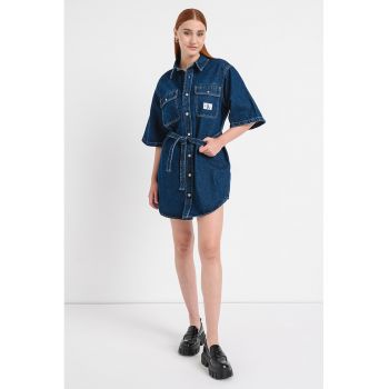 Rochie-camasa din denim cu buzunare aplicate pe piept