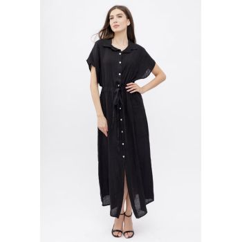 Rochie camasa, din in, cu snur in talie, neagra