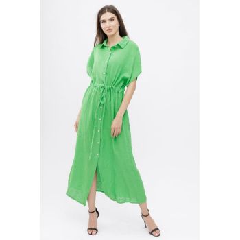 Rochie camasa, din in, cu snur in talie, verde deschis