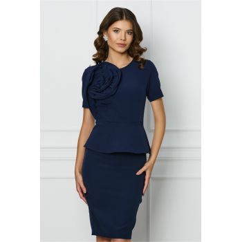 Rochie bleumarin cu peplum in talie si floale pe bust