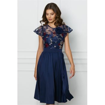 Rochie DY Fashion bleumarin cu trandafir si dantela la bust