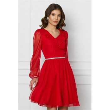 Rochie DY Fashion rosie cu volan si strasuri la reducere