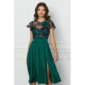 Rochie DY Fashion verde cu trandafir si dantela la bust