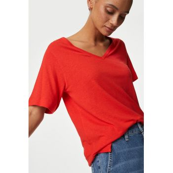 Tricou din in si modal cu decolteu in V