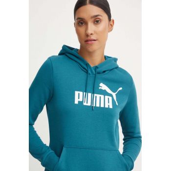 Puma bluza femei, culoarea verde, cu glugă, cu imprimeu