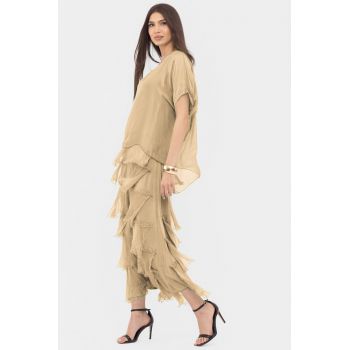 Rochie camel deschis din matase naturala cu volane franjurate suprapuse