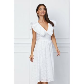 Rochie Dy Fashion alba din ghipura cu volane la bust