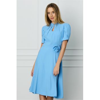 Rochie DY Fashion bleu cu maneci lalea si trandafir in talie