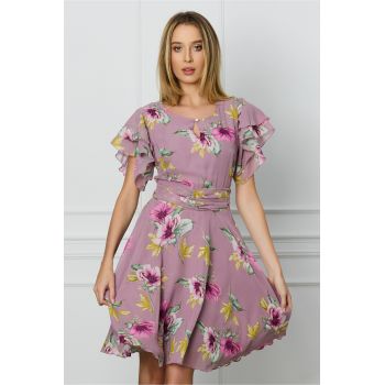 Rochie DY Fashion lila cu imprimeuri florale roz