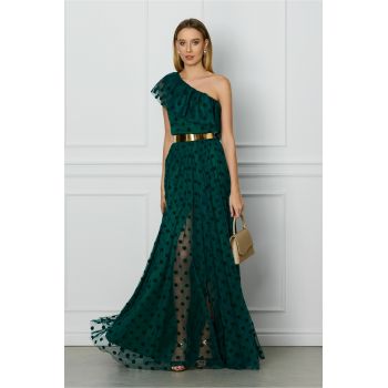 Rochie DY Fashion verde lunga din tull cu buline catifelate si curea in talie