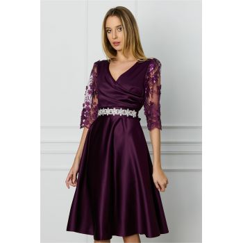 Rochie Ella Collection Adria mov cu dantela si paiete si cordon in talie