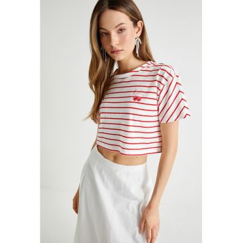 Tricou crop de bumbac cu decolteu la baza gatului