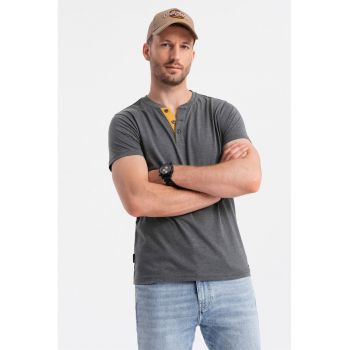 Tricou cu model uni si decolteu henley