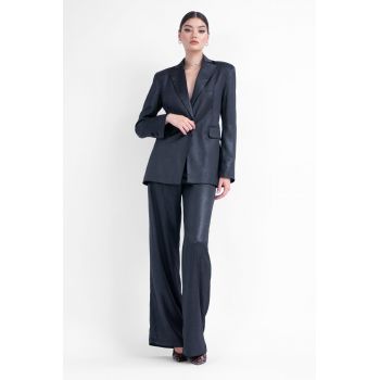 Costum negru cu insertii argintii cu sacou slim si pantaloni wide leg