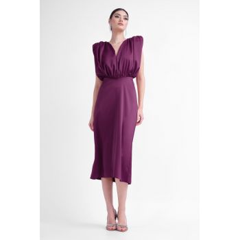 Rochie midi burgundy cu bust drapat in V