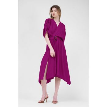 Rochie midi fuchsia din in cu bust drapat si curea