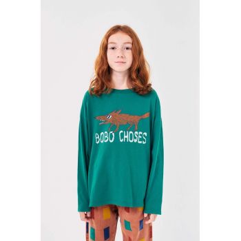 Bobo Choses longsleeve din bumbac pentru copii The Clever Fox culoarea verde, cu imprimeu, 224AC019