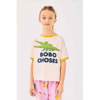 Bobo Choses tricou de bumbac pentru copii Talking Crocodile culoarea bej, cu imprimeu, 224AC002