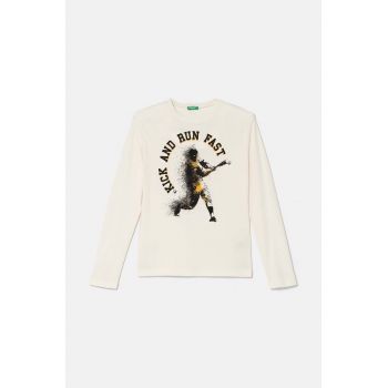 United Colors of Benetton longsleeve din bumbac pentru copii culoarea bej, cu imprimeu, 3096C10K9