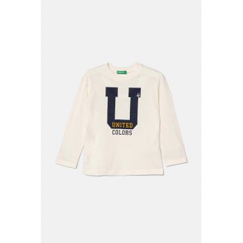 United Colors of Benetton longsleeve din bumbac pentru copii culoarea bej, cu imprimeu, 3096G10FM