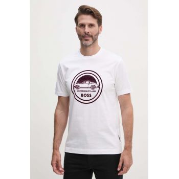 BOSS tricou din bumbac x Porsche barbati, culoarea alb, cu imprimeu, 50522795