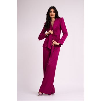 Costum fuchisa cu sacou cu esarfe si pataloni wide leg