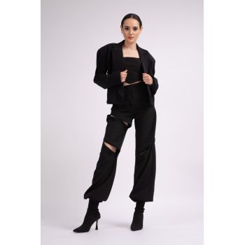 Costum negru cu sacou oversized si pantaloni cu fermoare