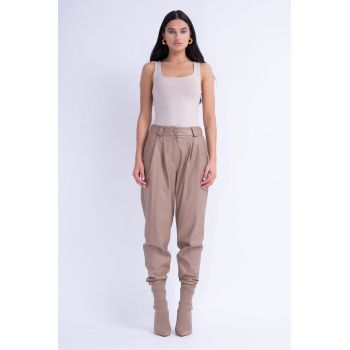 Pantaloni conici cu Elastic din Piele Bej