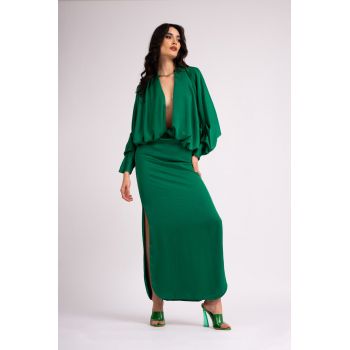 Rochie maxi verde smarald cu bust drapat si maneca evazata