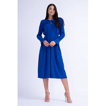 Rochie Midi Albastru Electric cu Inel si Pliuri