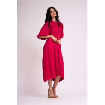 Rochie midi fuchsia cu maneca raglan si fronseuri