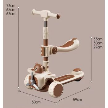 Trotineta reglabila 3in1 cu scaunel si maner parental Nichiduta Bear Curry