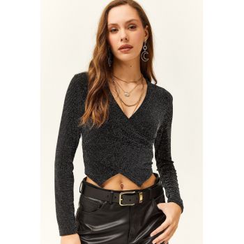 Bluza crop cu decolteu in V si insertii stralucitoare