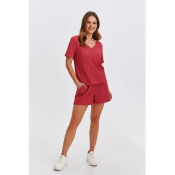 Tricou cu decolteu in V - maneci rulate si aspect texturat