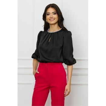 Bluza DY Fashion neagra cu perle la decolteu