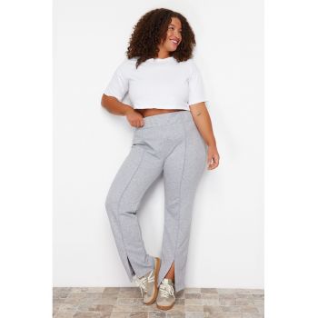 Pantaloni plus size de bumbac cu croiala ampla si terminatii cu fermoar