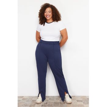 Pantaloni plus size de bumbac cu croiala ampla si terminatii cu fermoar