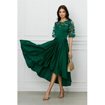 Rochie Ella Collection Brinda verde pin din tafta cu lungime asimetrica