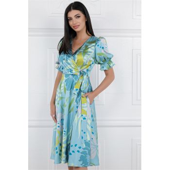 Rochie MBG bleu cu imprimeu floral turcoaz si verde