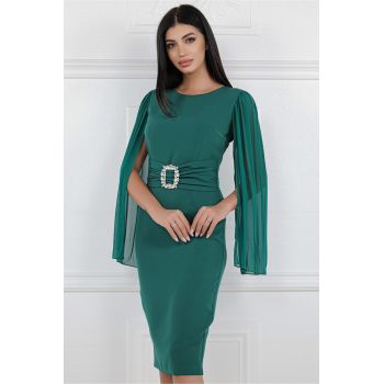 Rochie MBG verde cu maneci din voal si accesoriu in talie