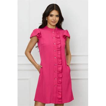 Rochie Moze fucsia cu nasturi si volanas