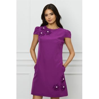 Rochie office magenta cu flori si perle