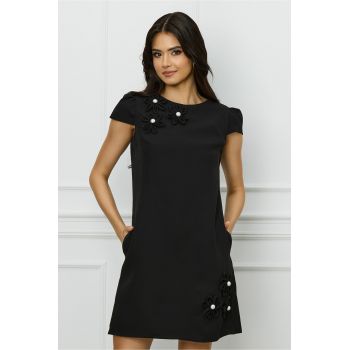 Rochie office neagra cu flori si perle