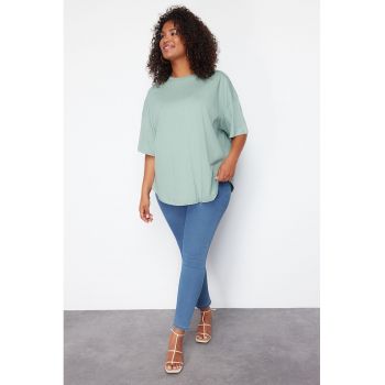 Tricou plus size de bumbac cu decolteu la baza gatului