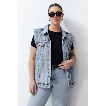 Vesta plus size de denim cu buzunare