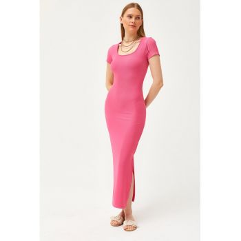 Rochie maxi bodycon cu decolteu patrat si slit lateral