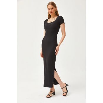 Rochie maxi bodycon cu decolteu patrat si slit lateral