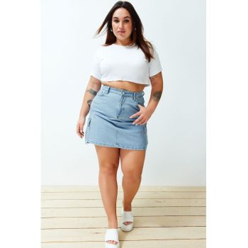 Fusta plus size din denim cu buzunare laterale