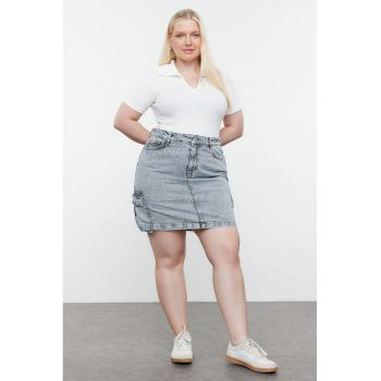 Fusta plus size din denim cu buzunare laterale