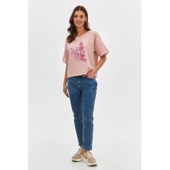 Tricou cu maneci cazute si imprimeu floral la reducere